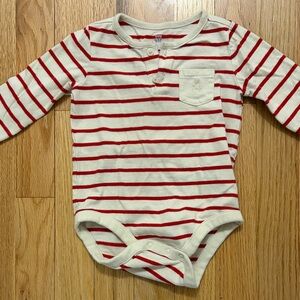 GAP Cream and Red Striped Long-Sleeve One-Piece Bodysuit